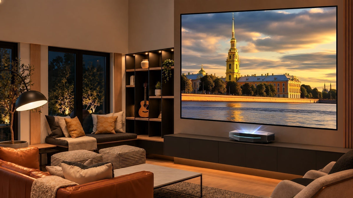 NothingProjector 120 inch Fresnel fixed frame screen with Awol Vision UST projector in bright living room.