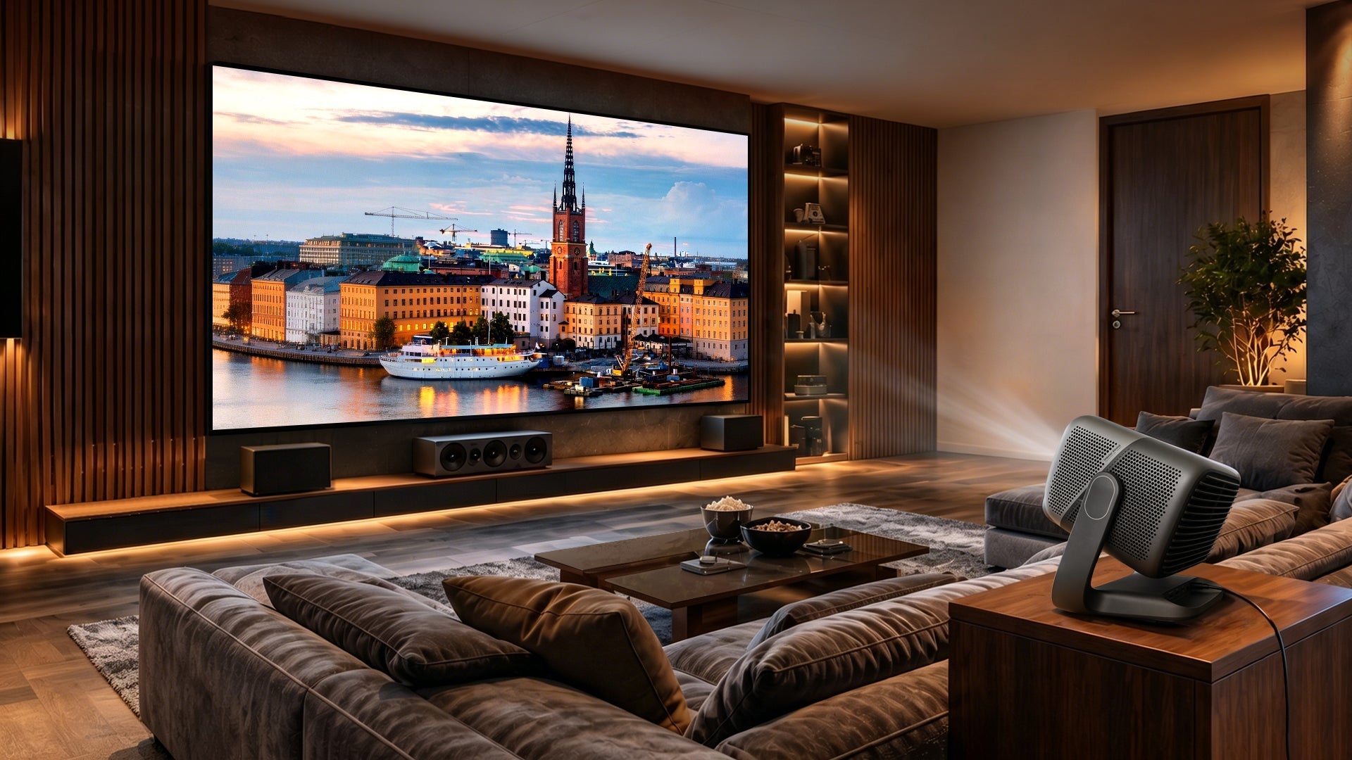 MGO N3 Ultimate projector displaying a vibrant image on a NothingProjector ALR screen in a modern home theater.