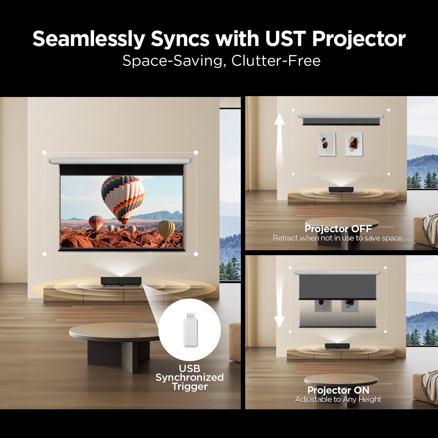 NP Black Series motorized ALR screen syncs with UST projectors - auto-retracts to save space when off