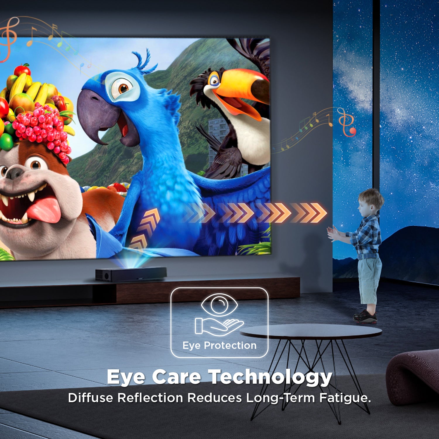 Eye-protection ALR screen for UST projectors with low blue light and flicker-free technology