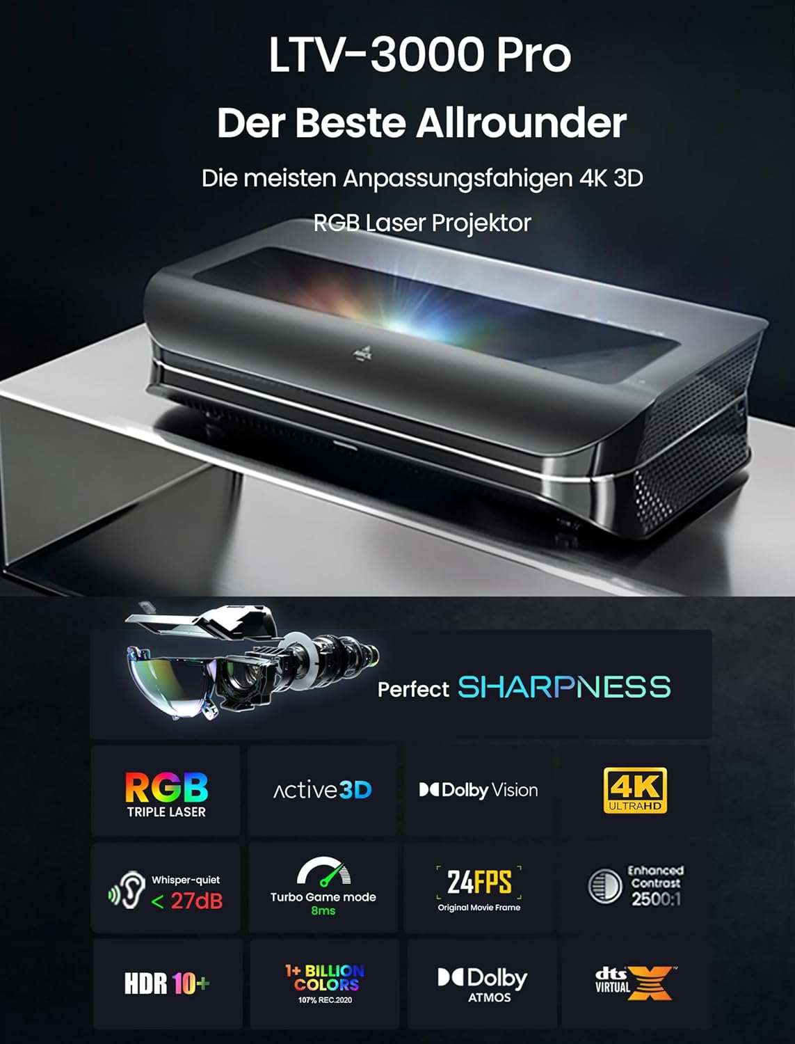 AWOL Vision 3000 Pro 4k 3d LTV Triple Laser Projector + Motorisierter Bodensteigerungsbündel