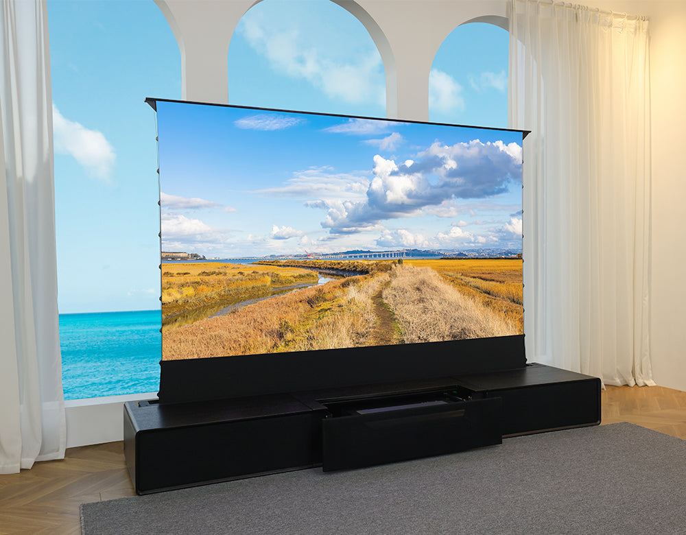 Shore Wood Grain UST Projector Cabinet + Black Series Motorized Floor Rising Screen Bundle (Cabinet Pre-Assembled)