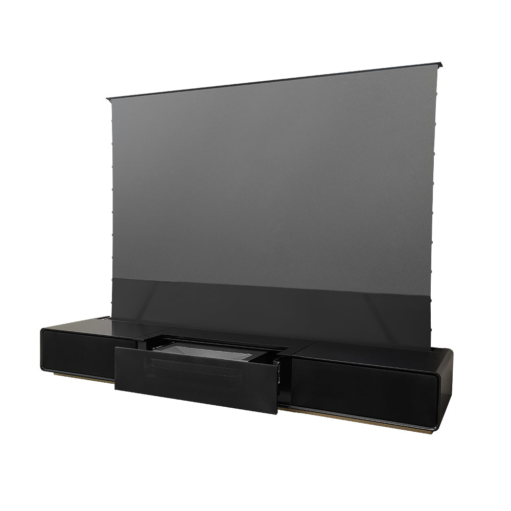 Modern matte black laser TV cabinet with floor rising screen