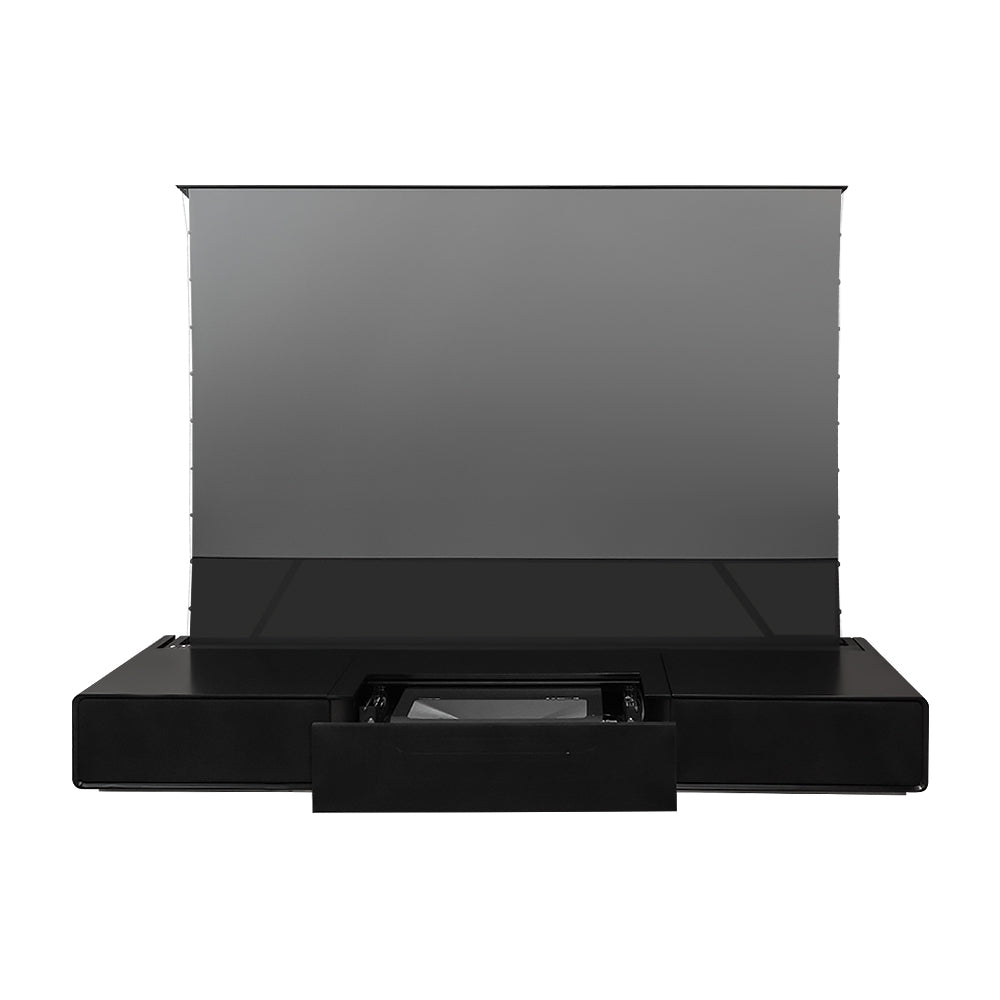 Modern matte black laser TV cabinet with floor rising screen
