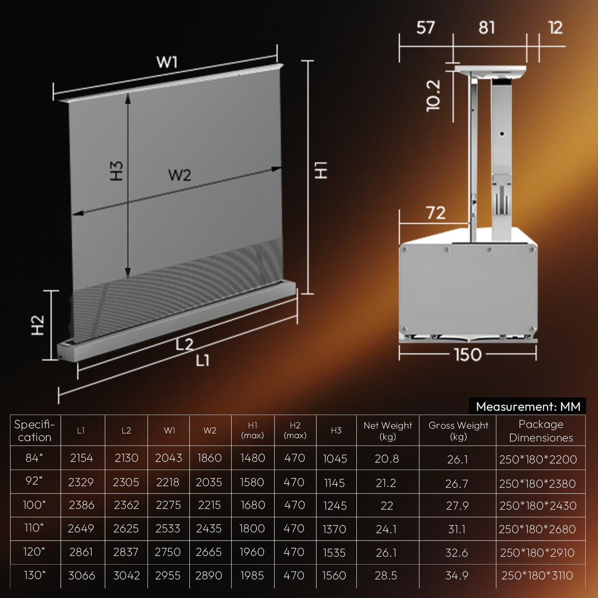 Official size and weight specification chart (MM) for UST floor rising ALR screens ranging from 84 to 130 inches.