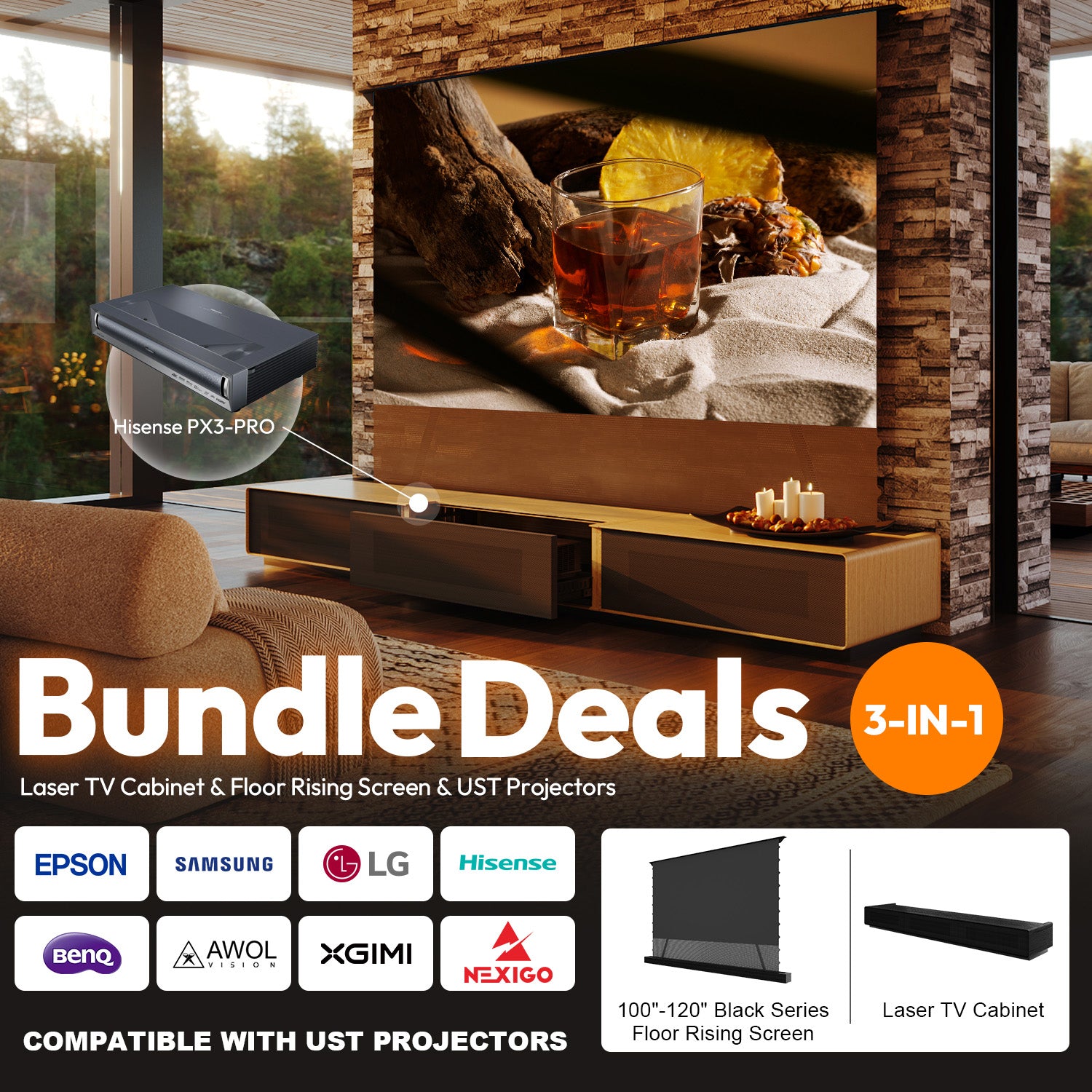 Get the ultimate cinema experience with this laser tv cabinet, projector, and screen bundle