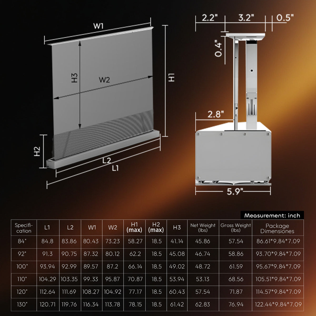 Shipping box dimensions and gross weight specifications (Inches & Lbs) for 84" to 130" motorized floor rising ALR screens.
