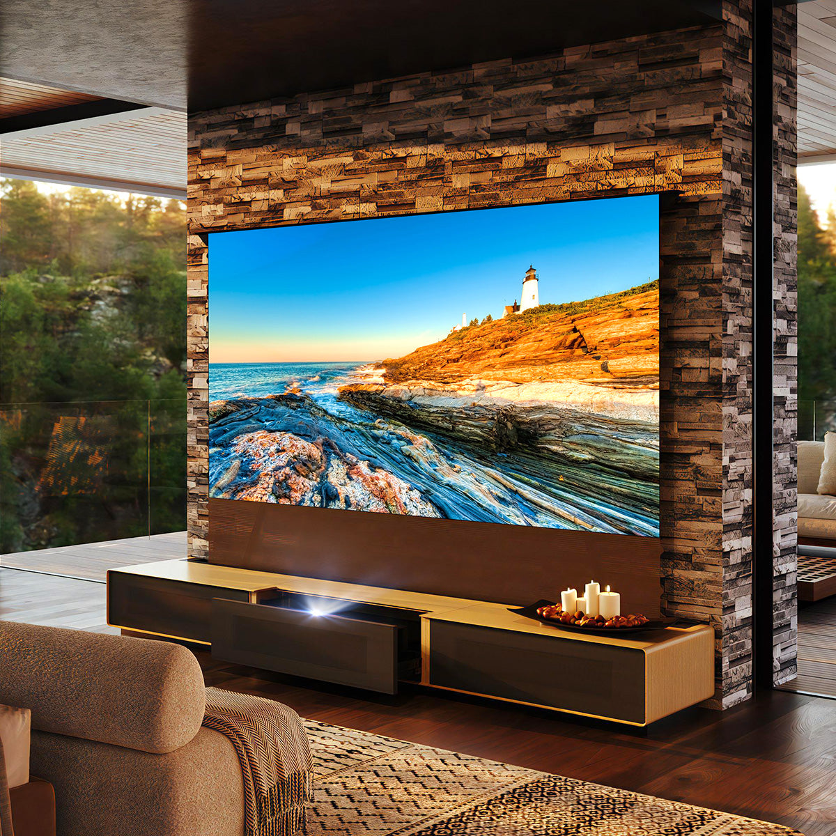 Luxury living room setup featuring the Shore Oak cabinet and a large floor-rising screen displaying a 4K landscape