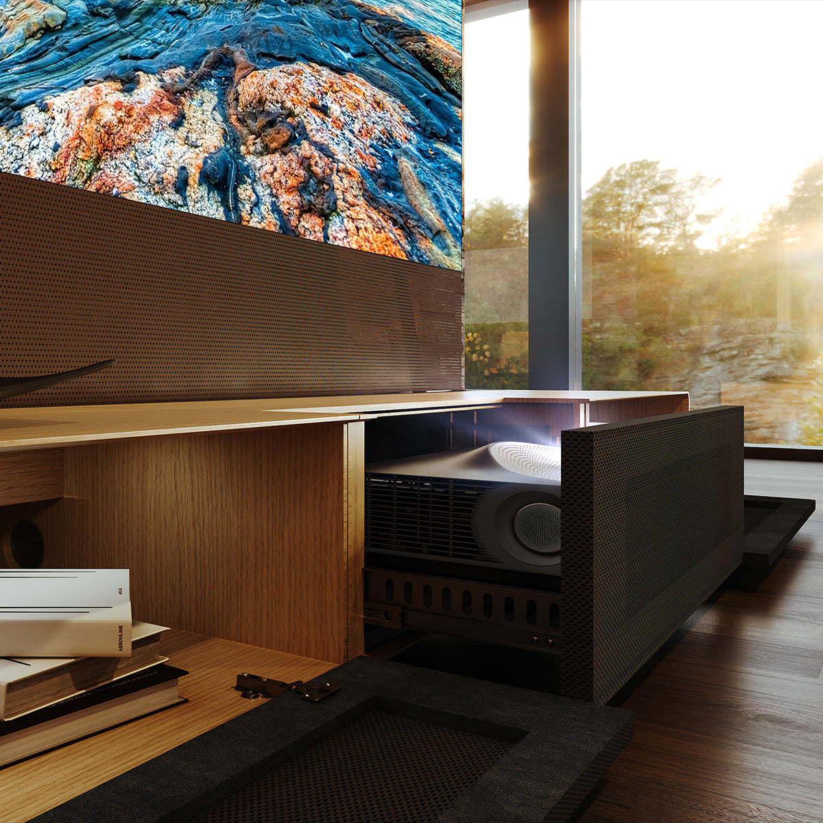 Sleek Shore Oak media console designed specifically for housing ultra short throw laser projectors