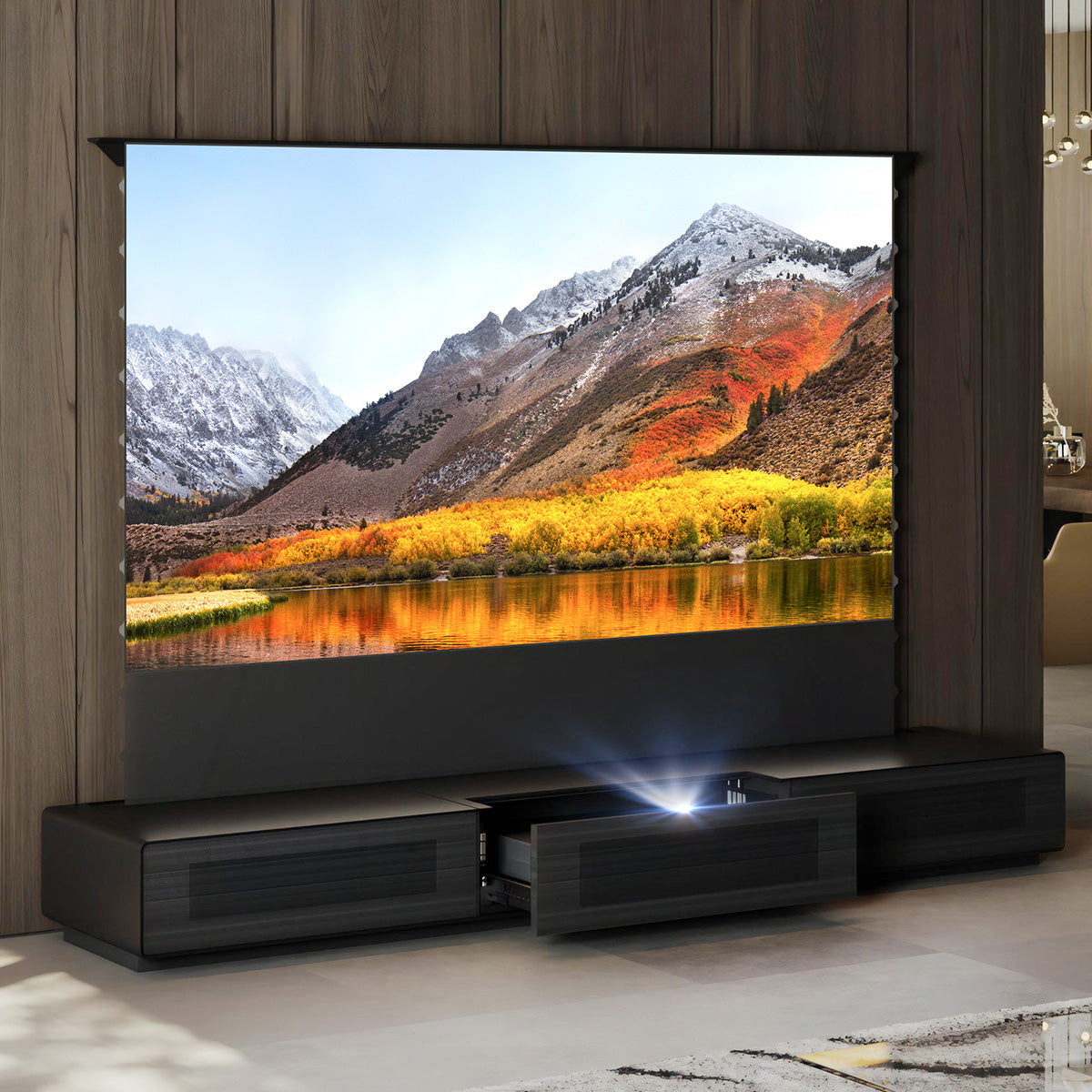 Pre-assembled Matte Black Laser TV Cabinet for Ultra Short Throw Projector