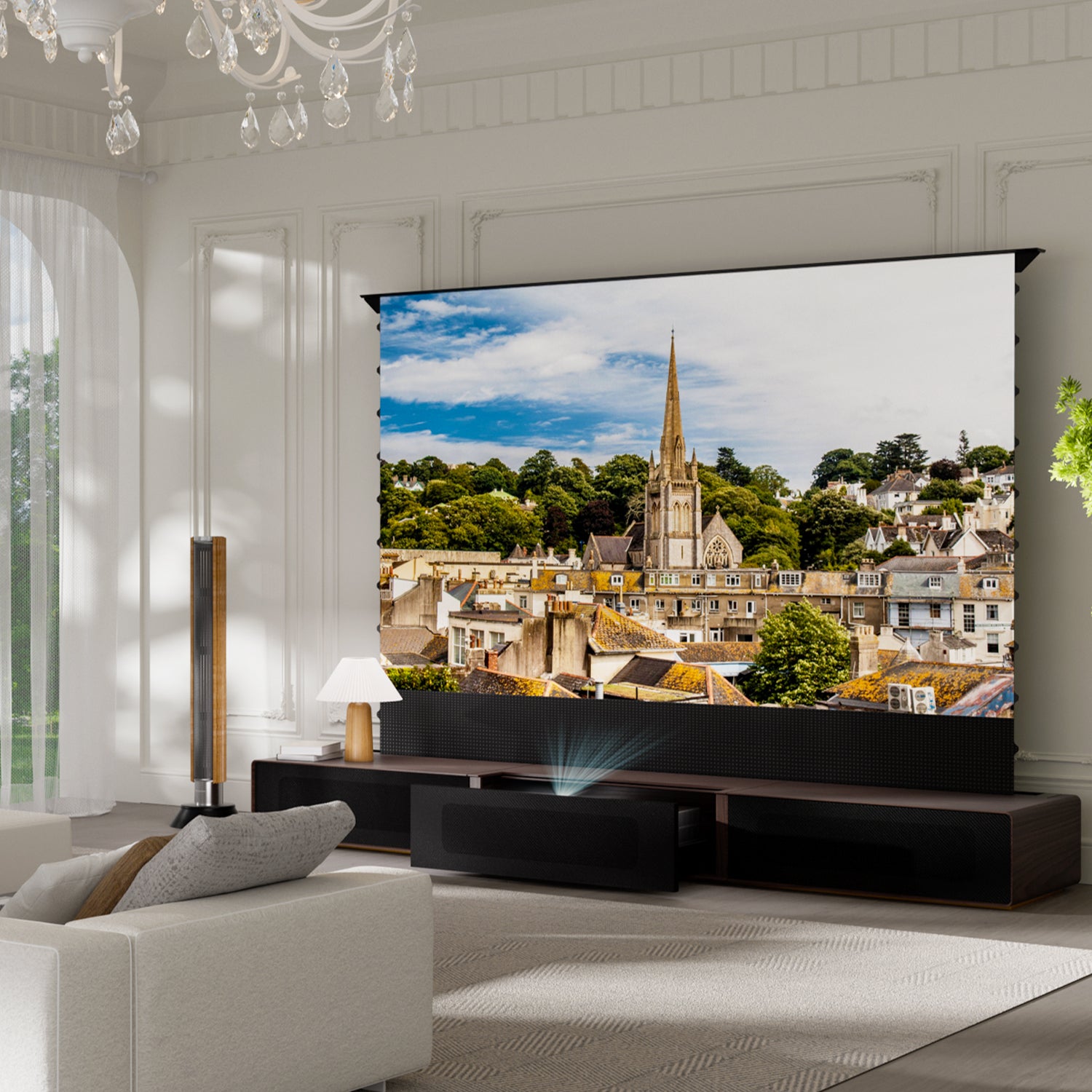 Customizable Motorized UST Projector Cabinet with floor rising ALR screen