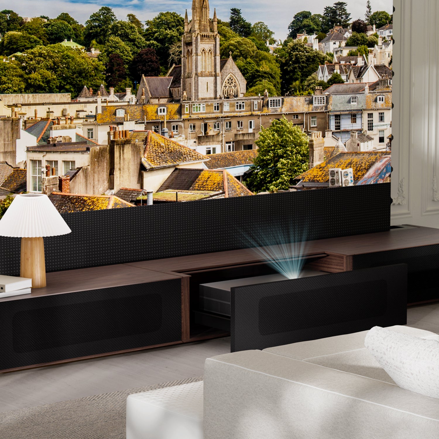 Close-up of motorized tray mechanism in a pre-assembled Laser TV Cabinet