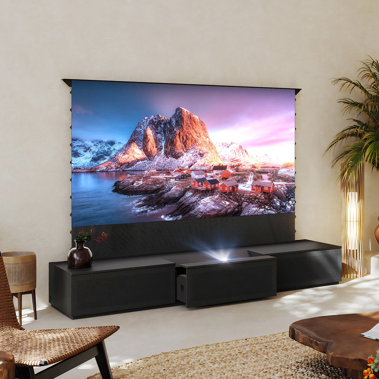 Cabinet plat negru motorizat pentru Laser TV, dimensiuni 100"-120" Shore, în pachet compact