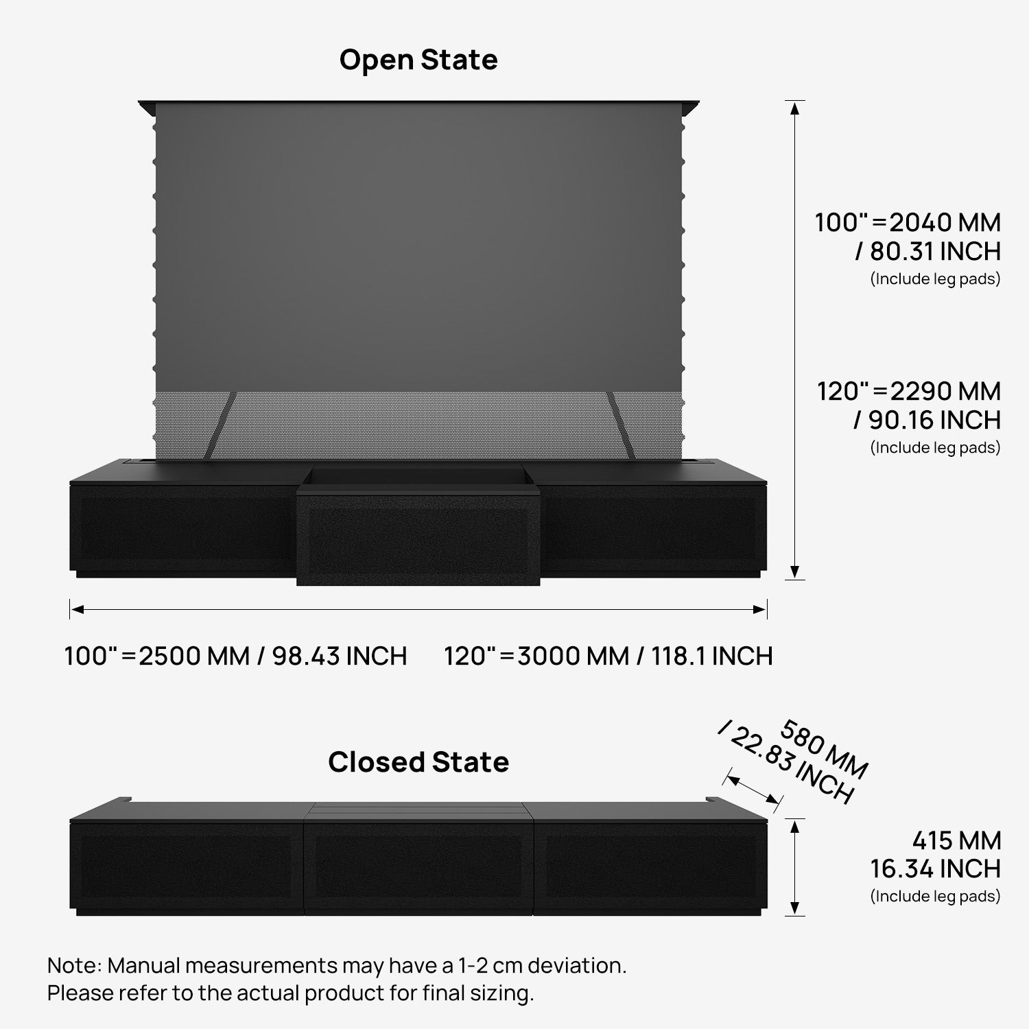 Cabinet plat negru motorizat pentru Laser TV, dimensiuni 100"-120" Shore, în pachet compact