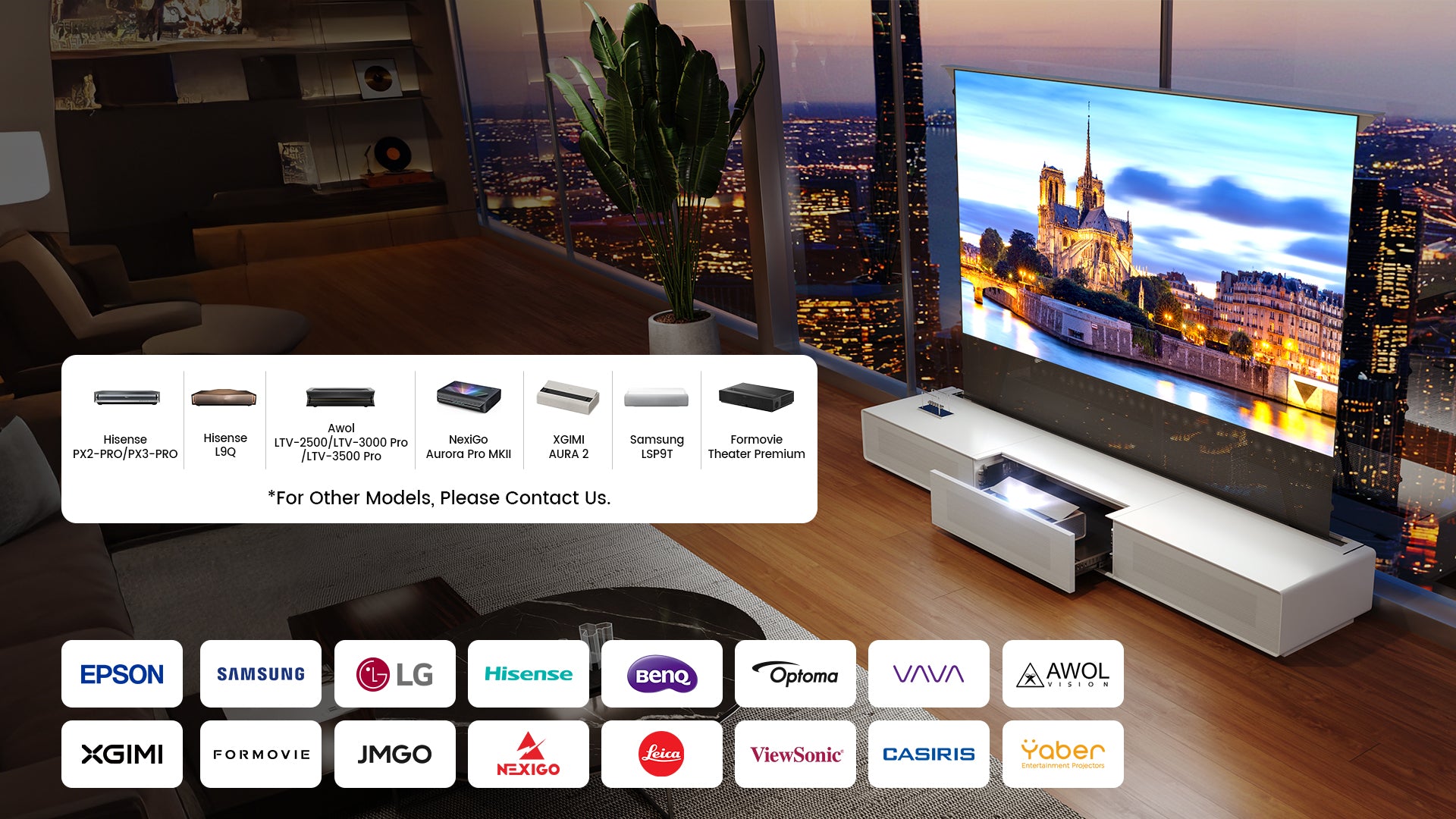 The Shore Laser TV Cabinet offers extensive compatibility with major brands like Hisense, Samsung, and XGIMI