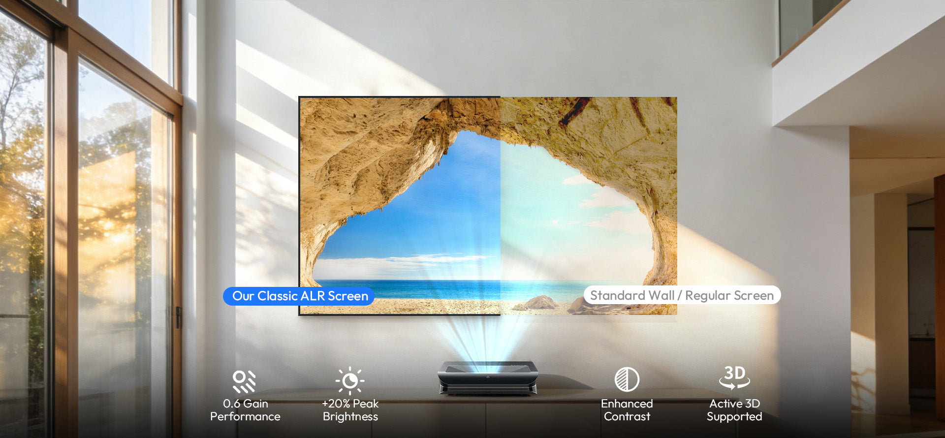 Comparison of Classic ALR projector screen vs standard wall showing ambient light rejection and enhanced contrast.
