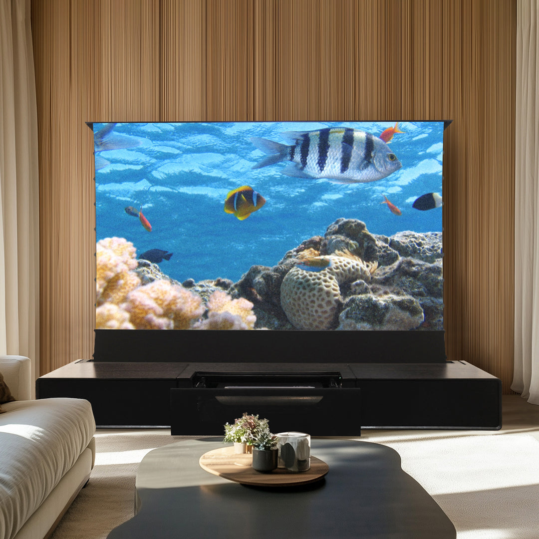 Shore Wood Grain Ust Projector Cabinet + Motorisert gulvstigende skjermbunt (Cabinet Pre-Monbled)
