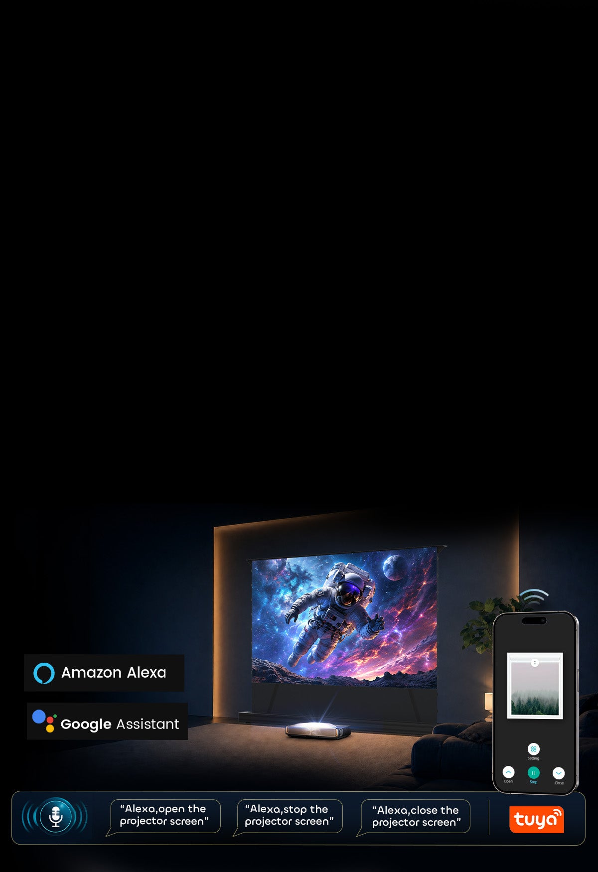 NP Black Series ALR Floor-Rising Screen with Siri Alexa Google voice control and Tuya app integration for hands-free home theater use