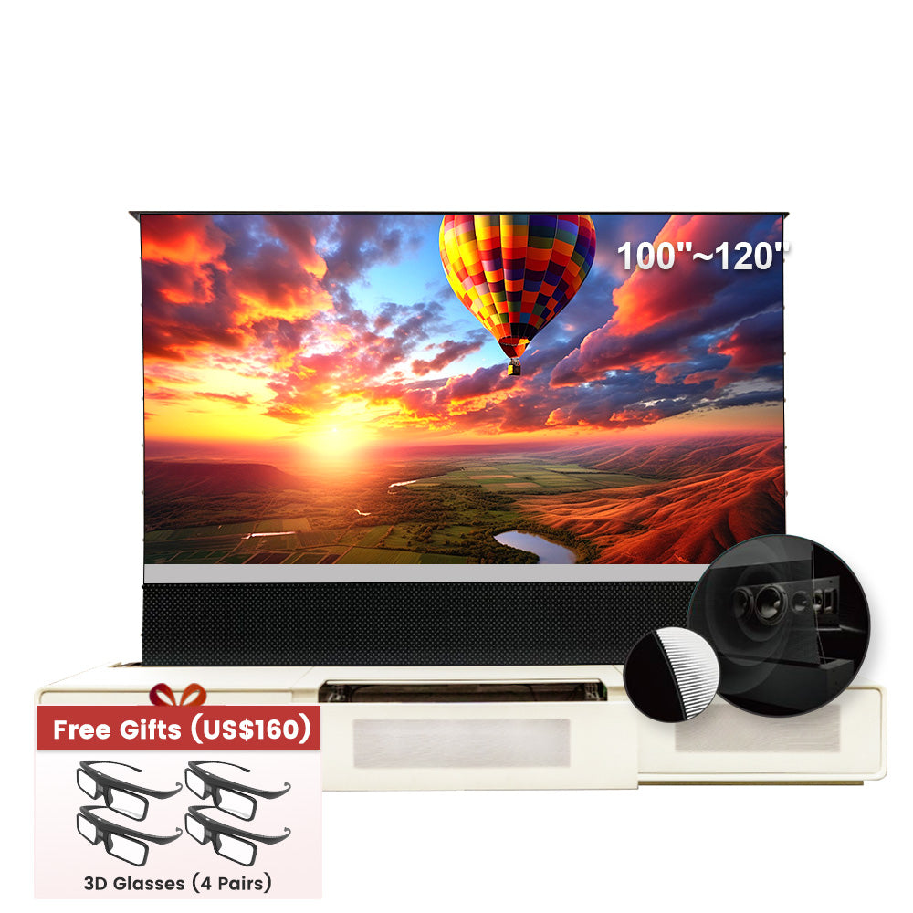 Shore UST Projector Matte Cabinet + Motorized Floor Rising Screen Bundle(Pre-Assembled)