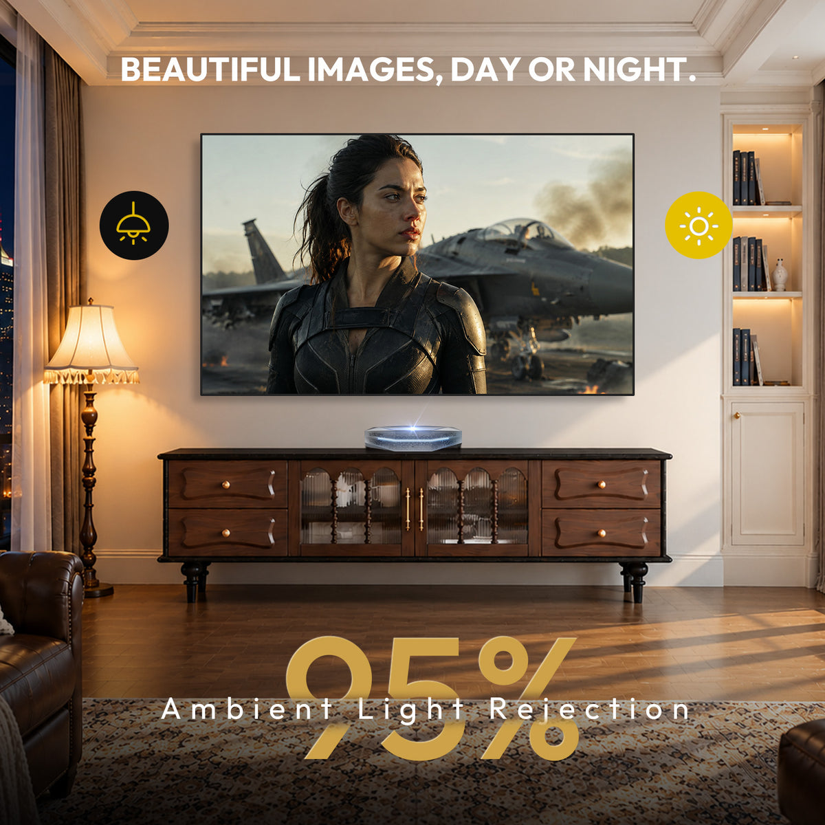 Premium black-grid ALR material and a multi-layer optical structure that rejects 95% of ambient light to project images in vivid color and brilliant details.
