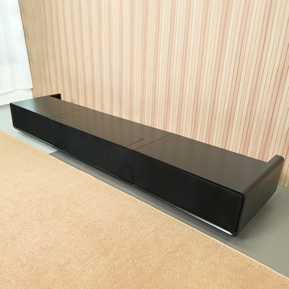 side view of Modern matte black laser TV cabinet