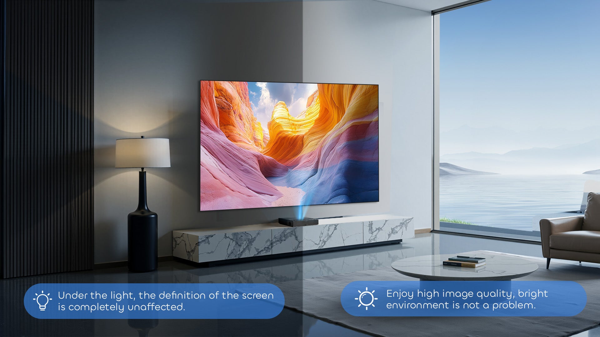 NP Classic PET Crystal ALR Screen ensures vivid daylight viewing for BenQ V5000i UST projectors without darkening rooms