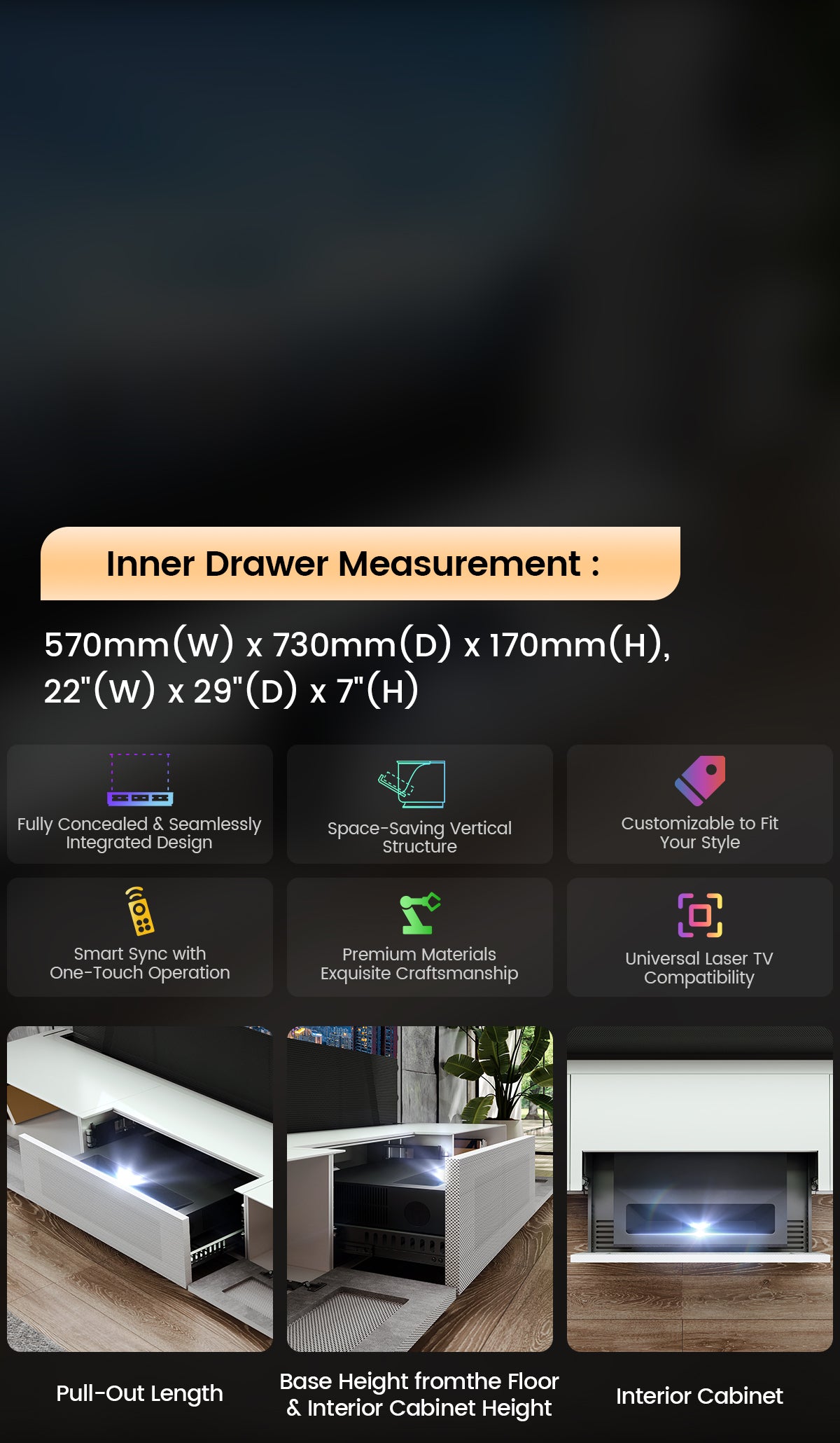 The Shore Laser TV Cabinet features an integrated design with premium materials, supporting a large projection screen size.