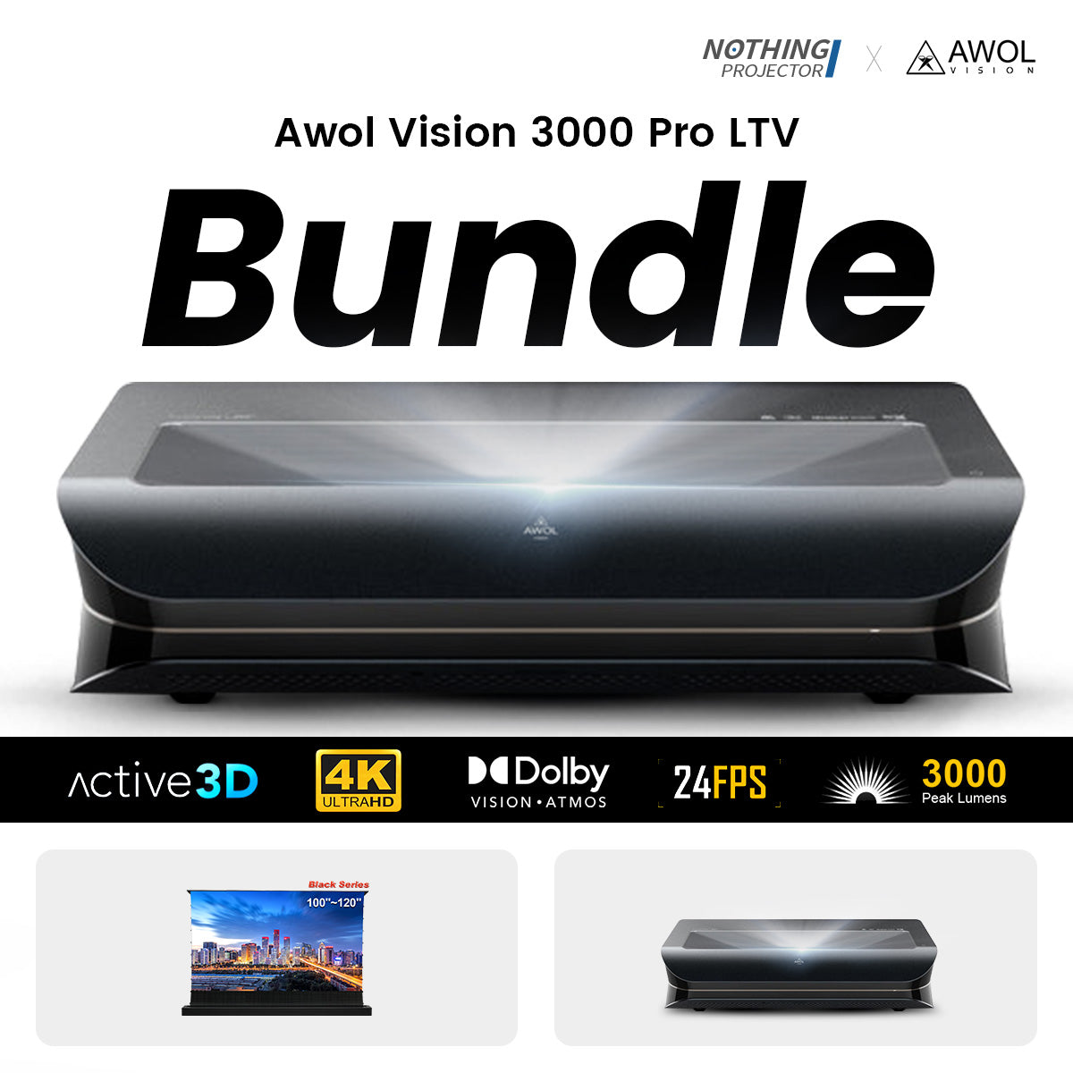 Awol Vision 3000 Pro 4K 3D LTV Triple Laser Projector + Motorized Floor Rising Screen Bundle