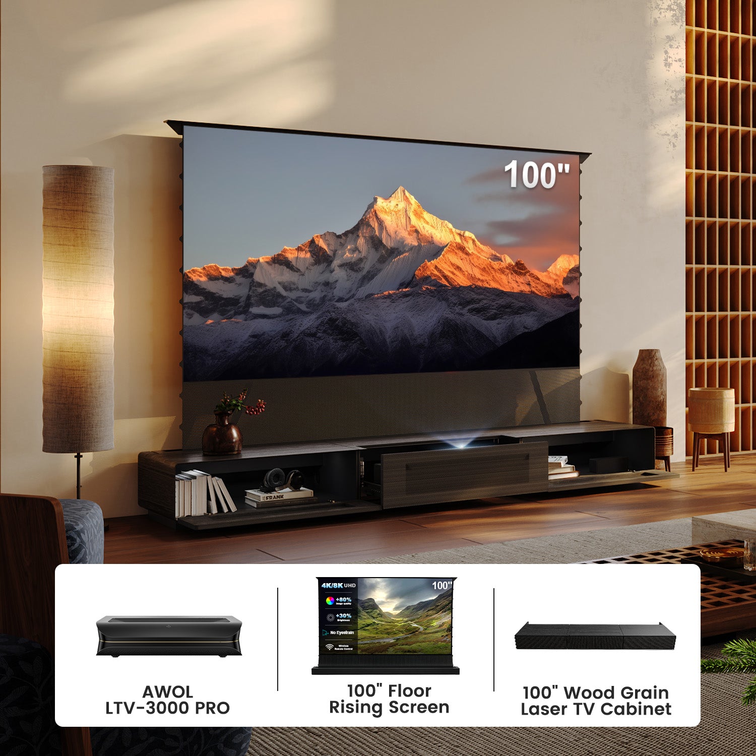Smart laser TV furniture: 100" black media console for ultra short throw projector