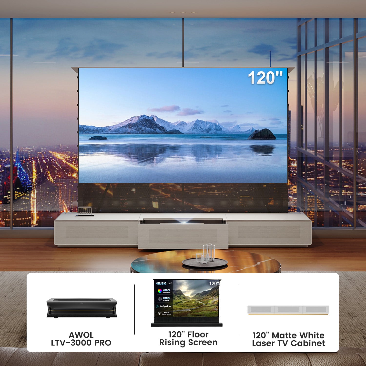 120" walnut motorized floor rising projector screen cabinet, Vividstorm alternative