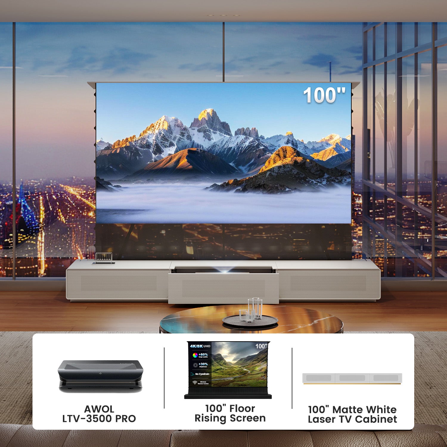 Walnut credenza for short throw projector featuring a laser TV cabinet with built-in screen