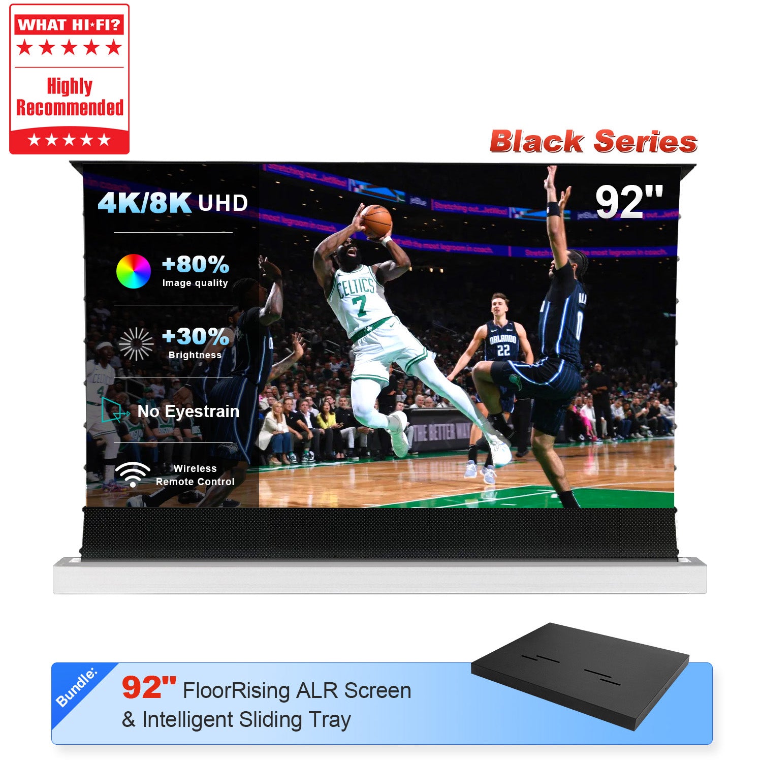 Compact 92" ALR screen and intelligent sliding tray bundle for seamless UST projector setup