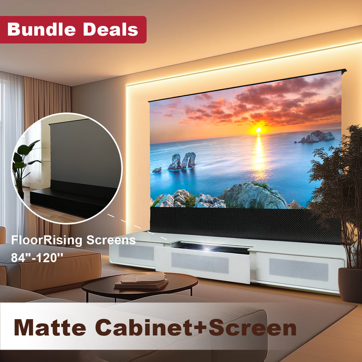 A motorized floor rising screen bundle with a matte cabinet