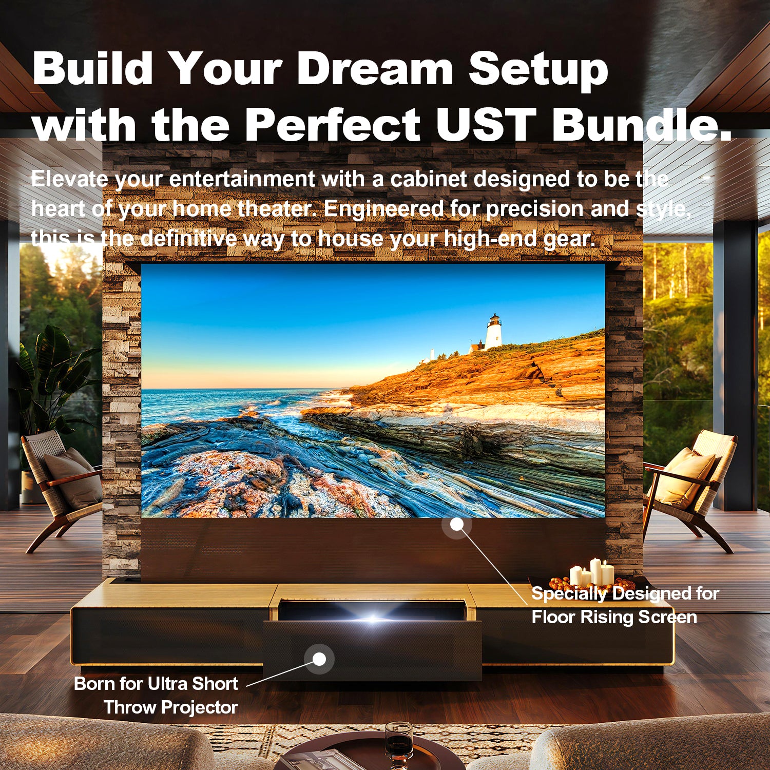 Perfect UST Bundle Shore oak Laser TV Cabinet Meuble Laser TV for Ultra Short Throw Projector and Motorized Floor Rising Screen Nothingprojector