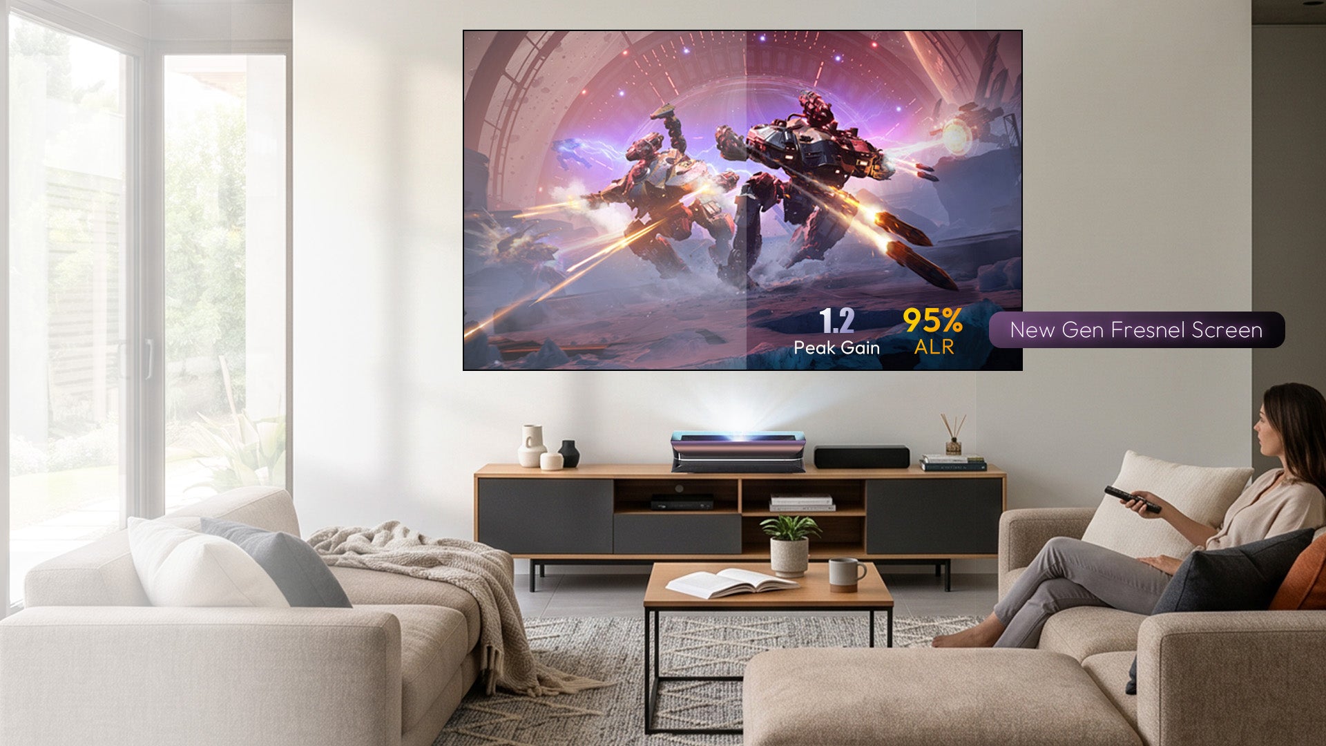 NothingProjector Fresnel ALR Screen featuring 1.2 Peak Gain and 95% Ambient Light Rejection for vibrant colors in bright rooms