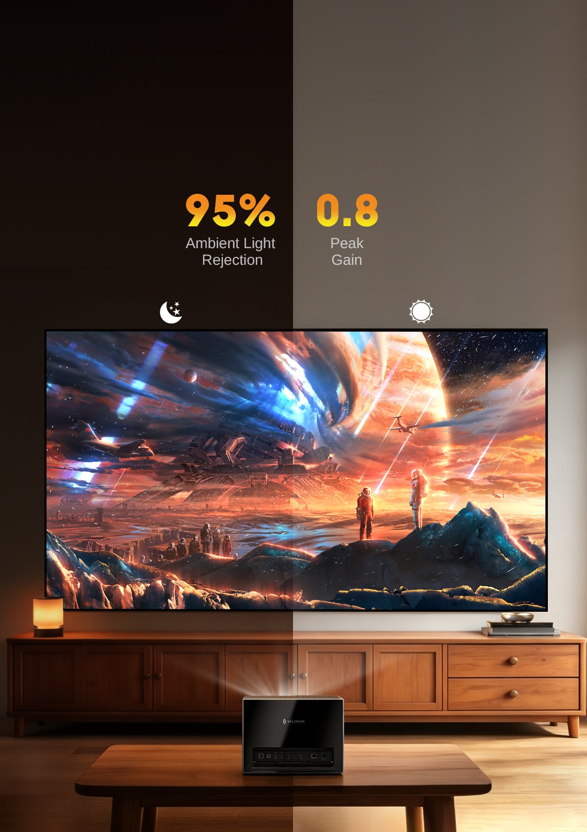 NP ALR Long Throw Screen features a refined 0.8dB peak gain that enhances projector brightness while minimizing glare and ambient light interference for optimized viewing clarity.