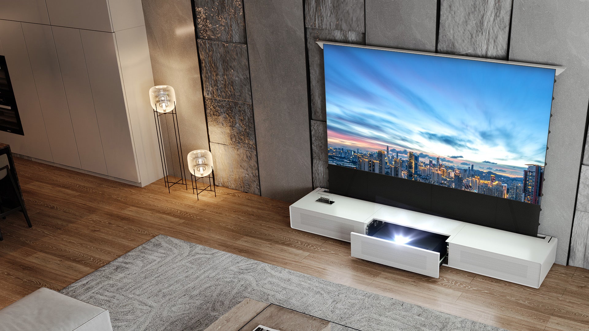 The Shore cabinet automatically remembers your UST projector's position, eliminating manual adjustments for subsequent viewings.