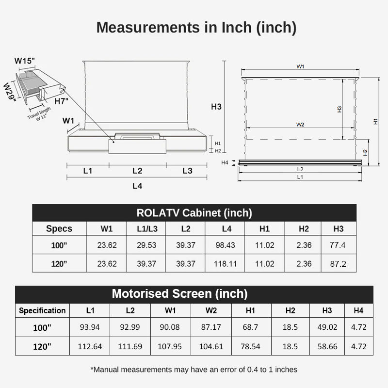 measures in inches for matte black/white laser TV cabinet