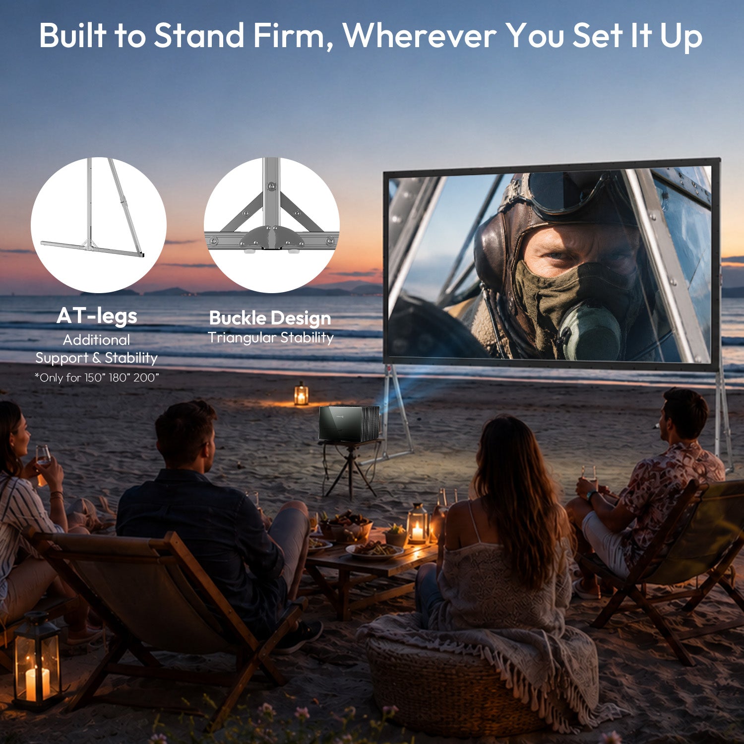 Schermo Pieghevole Portatile per Campeggio All'aperto NothingProjector OpenAir Series con Supporto, Guadagno 1.3, 4K/8K UHD, PVC a 3 Strati, Montaggio Rapido Senza Attrezzi