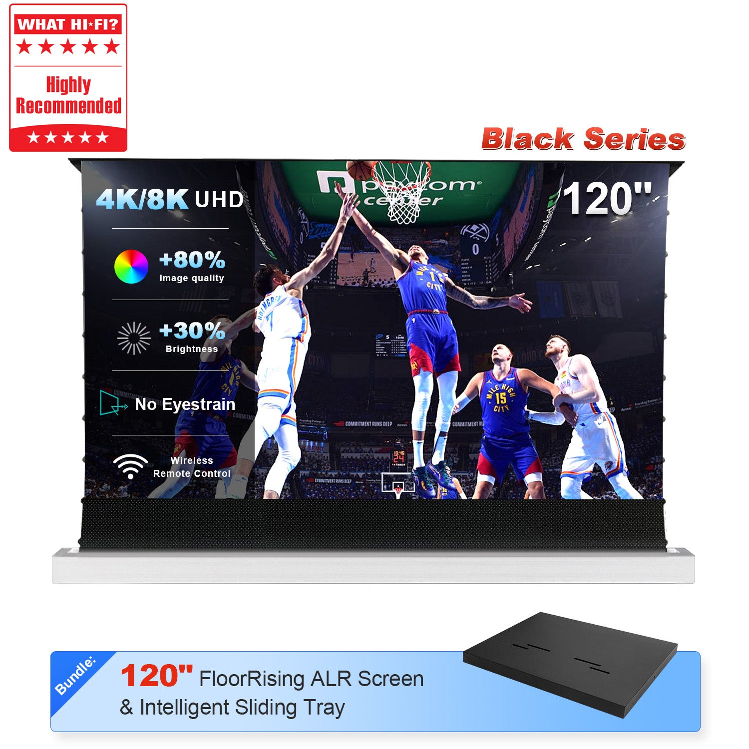 120-inch NothingProjector Black Series ALR screen with automated tray for premium laser TV setups