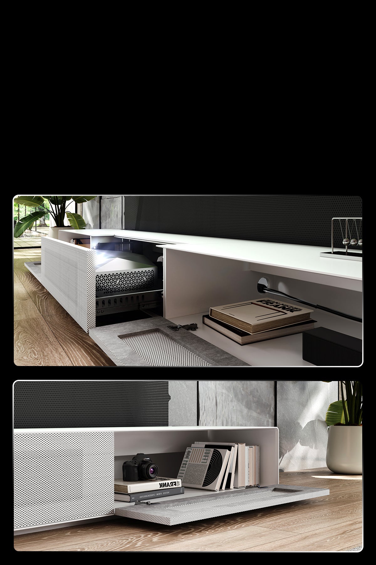 Motorized Laser TV Cabinet with Streamlined Media Storage & Concealed Cable System