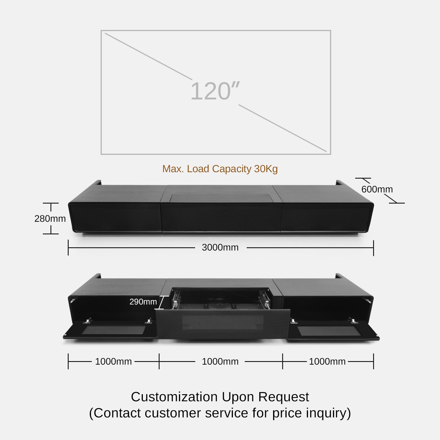 measurements of a ROLATV cabinet and motorized screen in inches