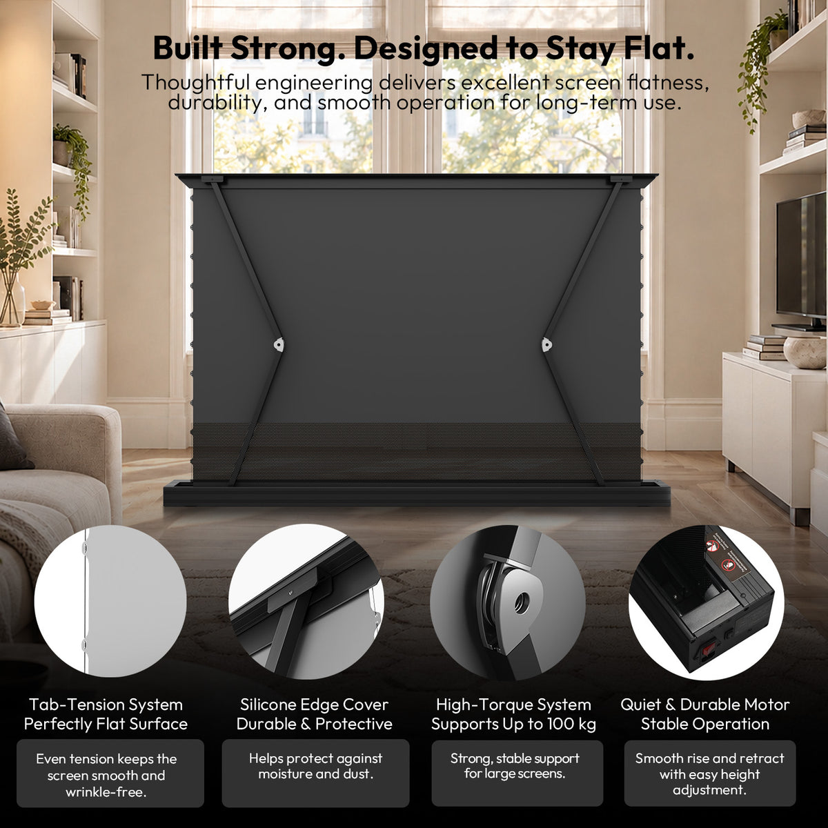 Rear details of tab-tension floor rising screen, featuring high-torque system and quiet motor to guarantee a perfectly flat, wrinkle-free surface.