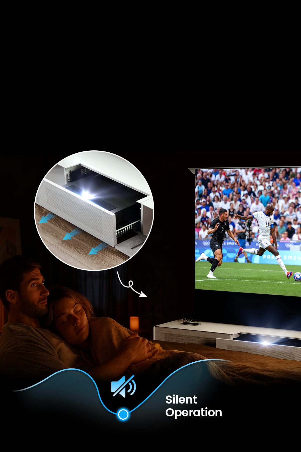 Shore Laser TV Cabinet with whisper-quiet, auto-adjusting screen for late-night viewing