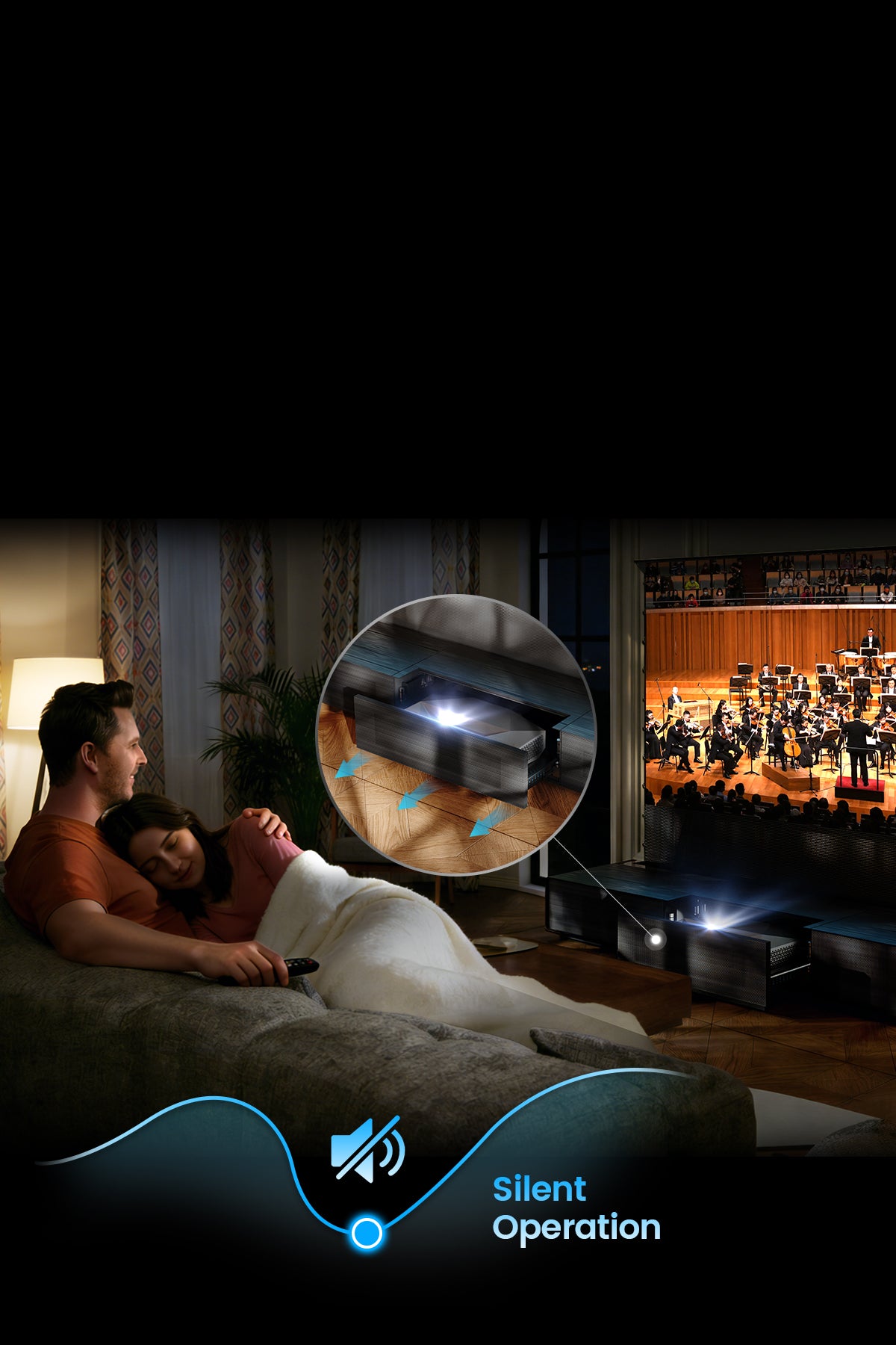 Motorized Wood Grain Laser TV Cabinet with Streamlined Media Storage & Concealed Cable System