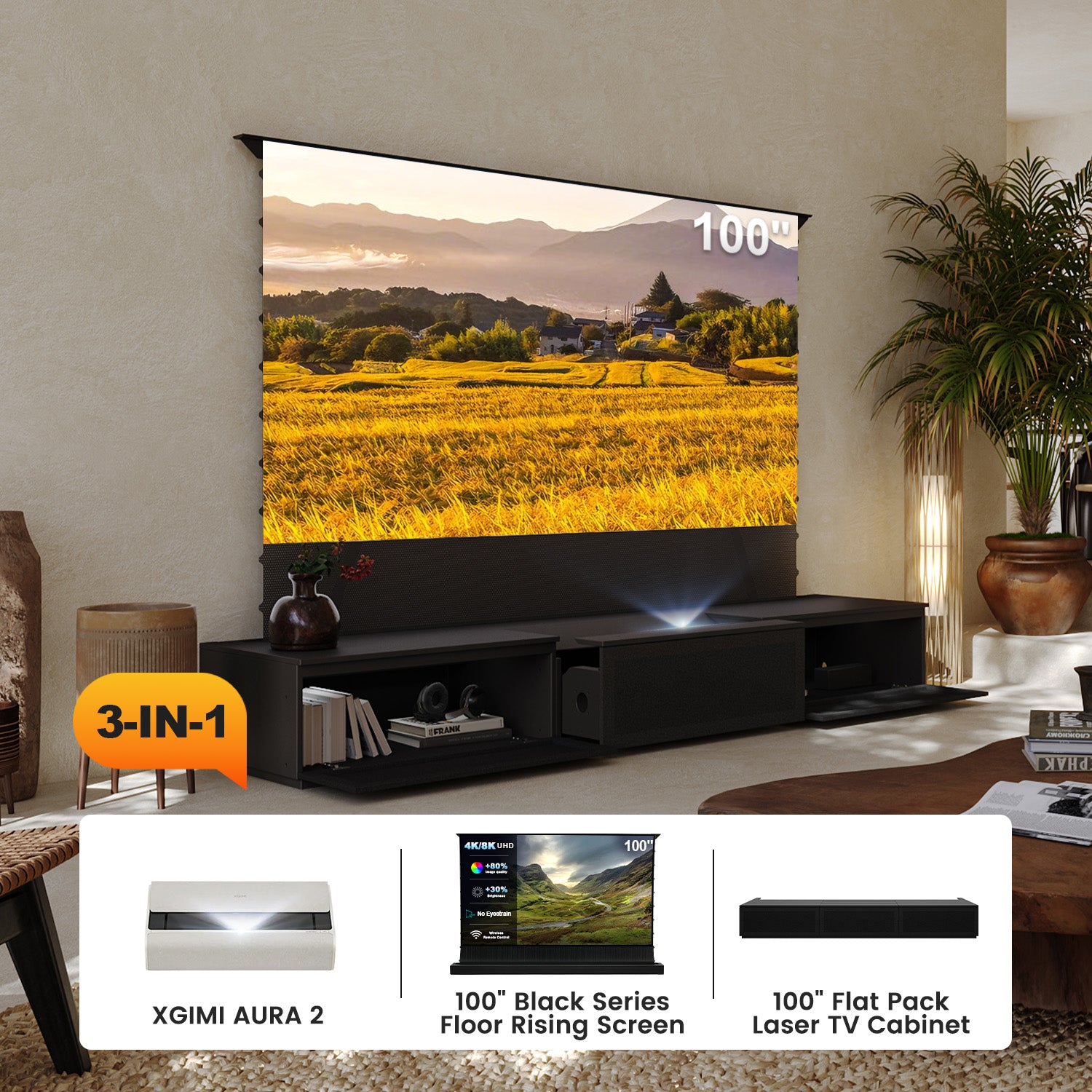 Cabinet 100" + Black Series Floor Rising Screen 100"+ XGIMI AURA 2