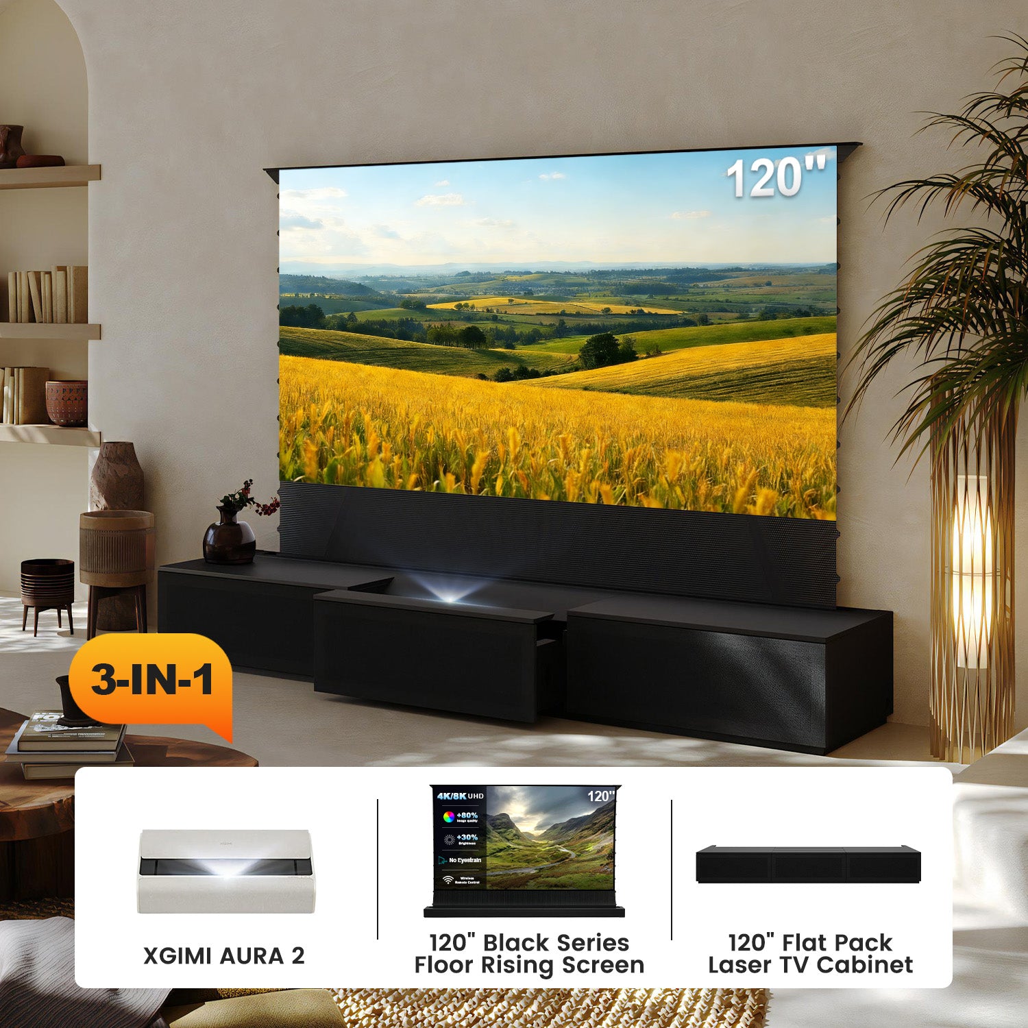 Cabinet 120" + Black Series Floor Rising Screen 120"+ XGIMI AURA 2