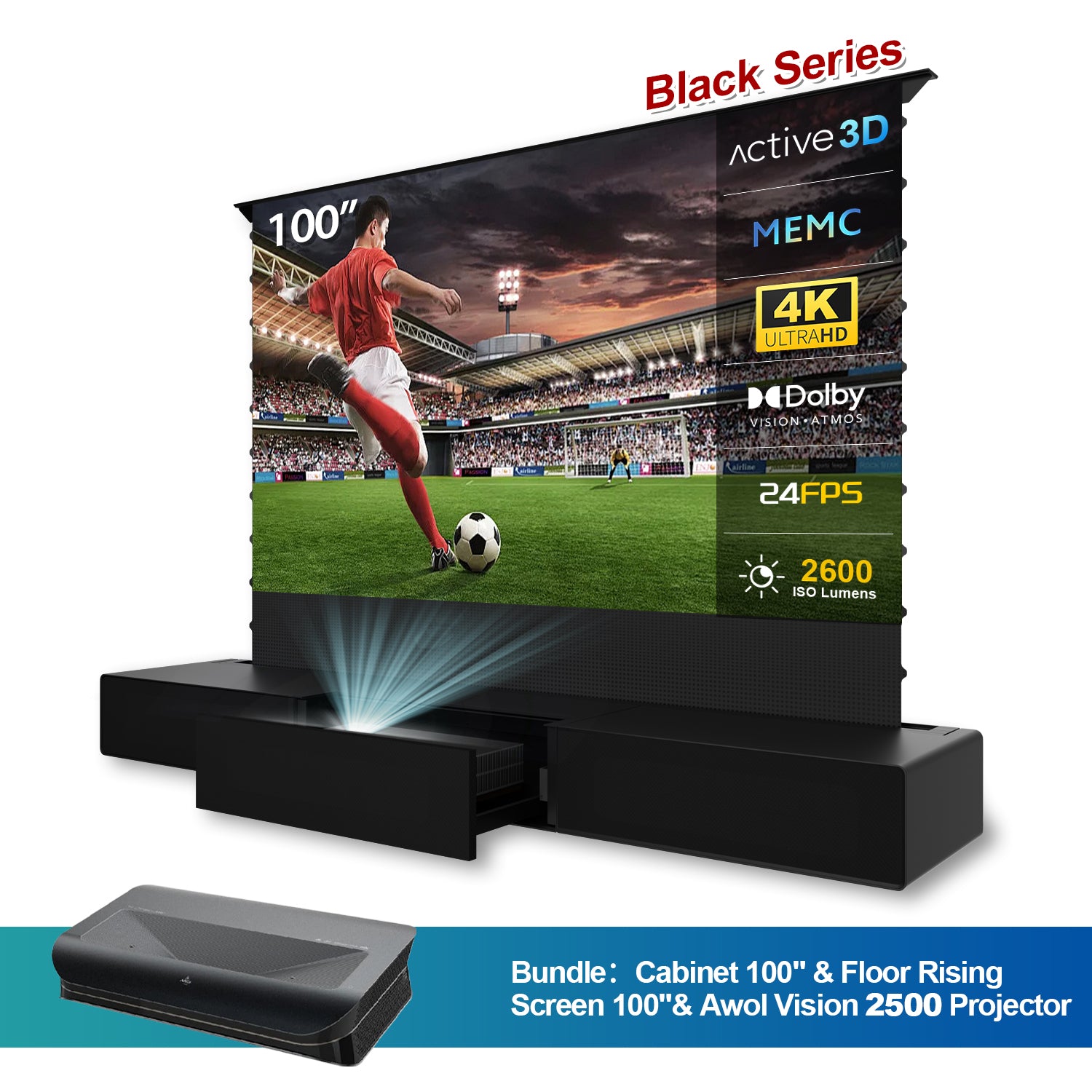 Laser TV Cabinet with floor rising screen and awol vision ltv-2500 projector bundle