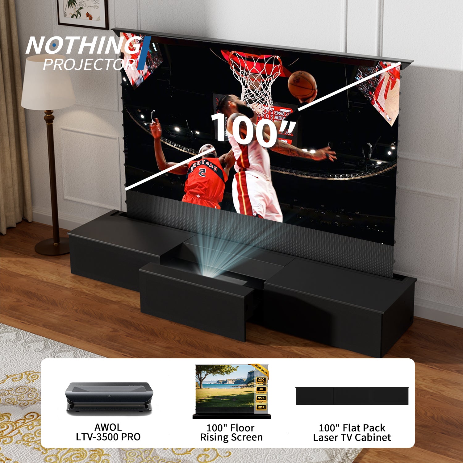 (Pakke) AWOL VISION LTV-3000/3500 PRO + Black Series motoriseret ALR-skærm + Laser TV-skab