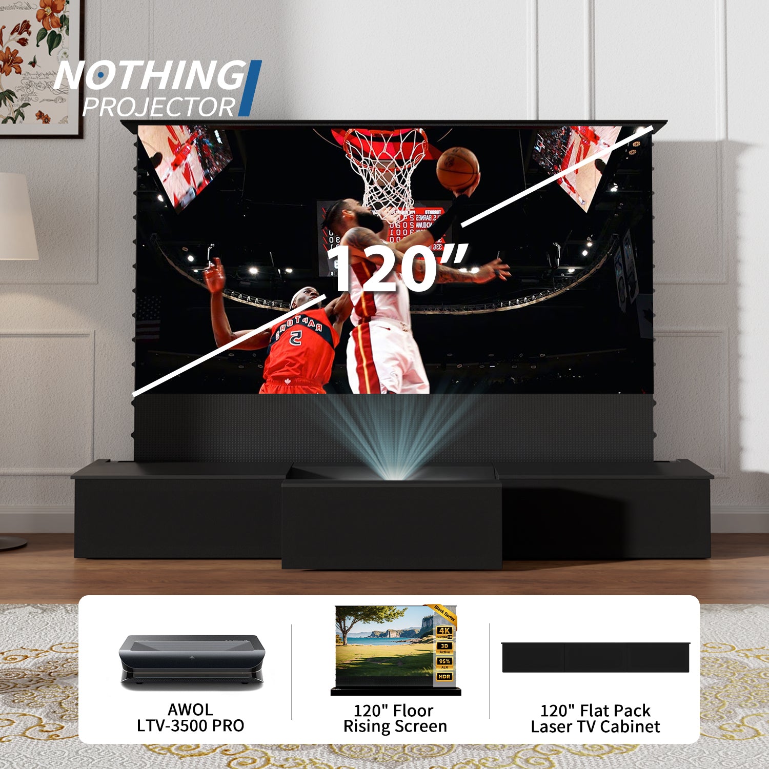 (Pakke) AWOL VISION LTV-3000/3500 PRO + Black Series motoriseret ALR-skærm + Laser TV-skab